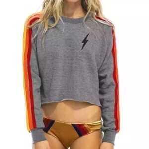 AVIATOR NATION Classic Cropped Crewneck Sweatshirt Striped Size S